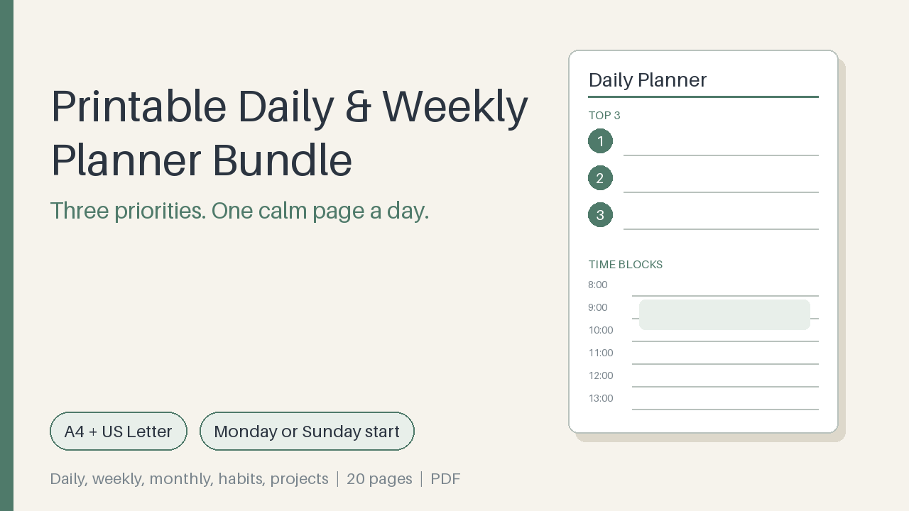 Printable Daily & Weekly Planner Bundle (PDF, A4 + Letter)