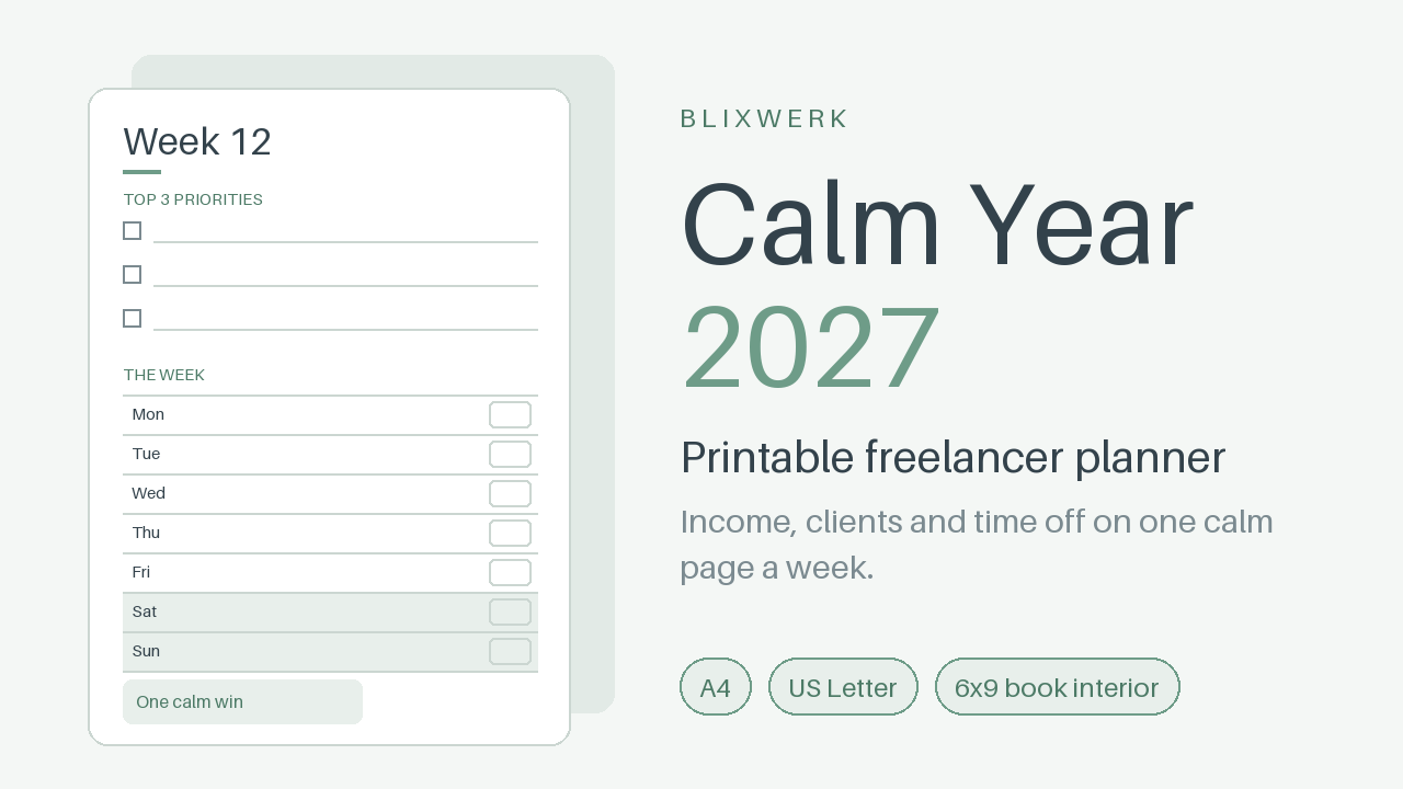 Calm Year 2027 – Printable Freelancer Planner (A4, Letter & 6x9 book interior)