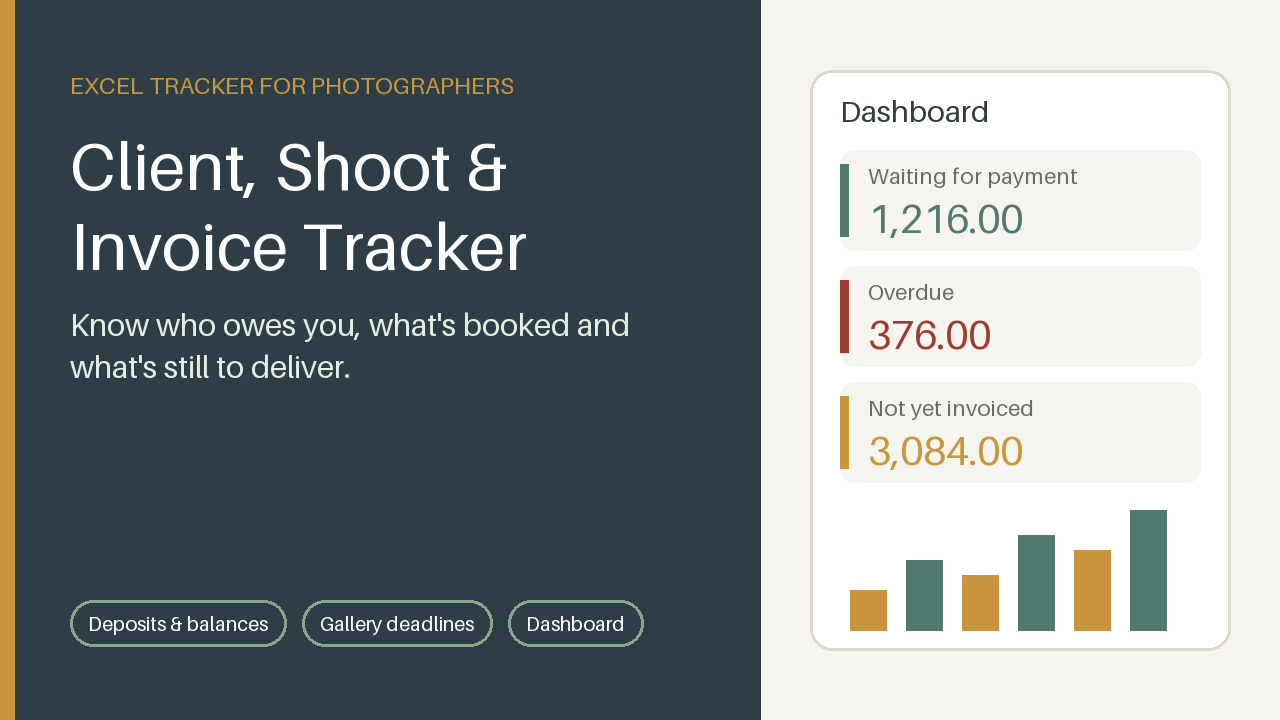 Photographer Client, Shoot & Invoice Tracker (Excel)
